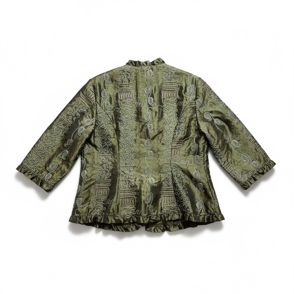 Olive Green Textured Cocktail Jacket with Ruffle Trim - Picture 5 of 8
